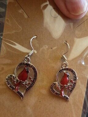 Cardinal Heart Drop Earrings - Red Enamel Bird Design